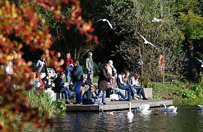 011_25984 | die Stadtparkbesucher sitzen in der Sonne auf dem Anleger am Stadtparksee und fttern die Schwne.
