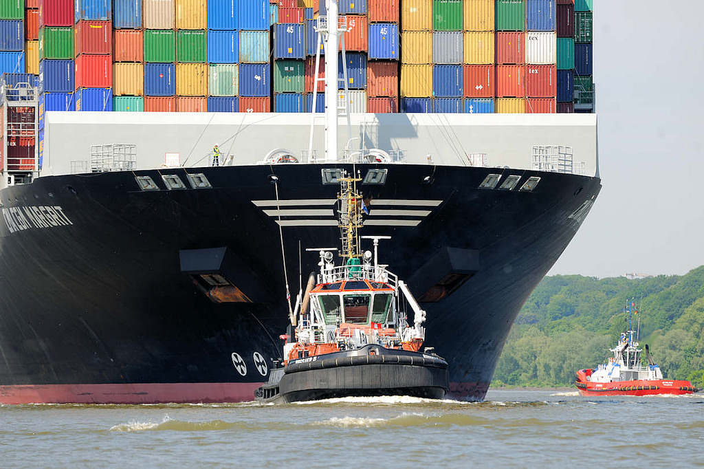 2455 Das Containerschiff CMA CGM MARGRIT luft auf der Elbe in den Hamburger Hafen ein - ein Schlepper untersttzt das 366m lange Frachtschiff beim Manver. 