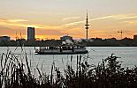 011_25946 | der historische Alsterdampfer St. Georg auf der Hamburger Aussenalster - im Vordergrund Schilf am Alterufer, im Hintergrund das Hamburgpanorama mit dem Telemichel im Sonnenuntergang.