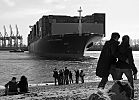 011_26015 |  die CMA CGM Carmen auf der Elbe vor der Strandperle - das riesige Schiff wendet auf der Elbe; das 2006 gebaute Containerschiff kann ca. 8500 Container an Bord nehmen; es hat eine Lnge von ca. 330 m und eine Breite von ca. 42m. Im Hamburger Hafen wurden z.B. 2007 fast 10 Mio. TEU umgeschlagen, das sind ca. 140 Millionen Tonnen an Warenumschlag. ( TEU = Standardcontainer, Twenty feet Equivalent Unit ) www.fotograf-hamburg.de