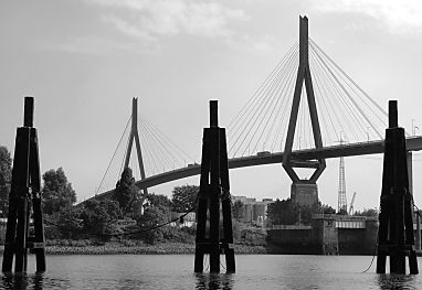 011_25835 | Duckdalben aus Holz im Wasser; Tragpfeiler und Stahltrossen der Khlbrandbrcke. 